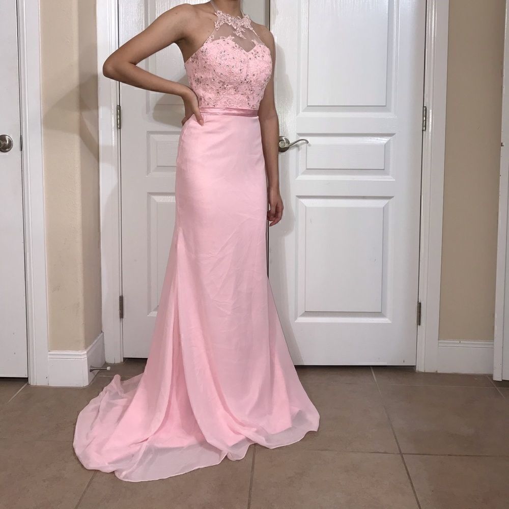 Light pink long dress with train.